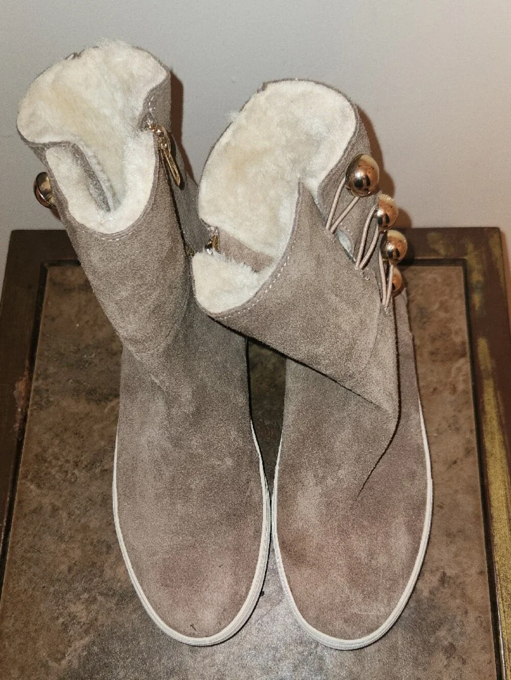 J Slides Taupe Suede Faux-Fur Lined Ankle Boots with Gold Hardware